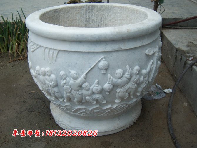 漢白玉花盆雕塑，白色石頭花盆 (2)