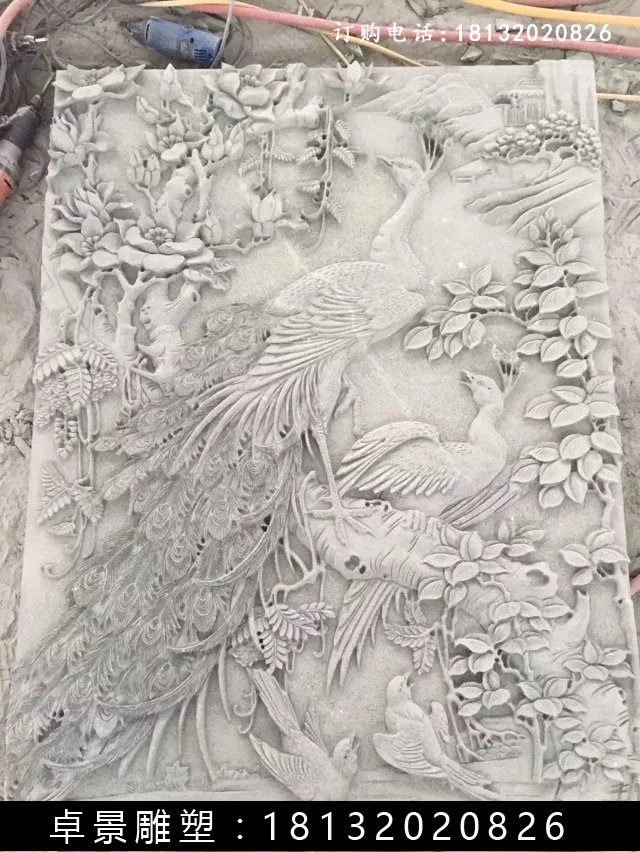 石雕百鳥(niǎo)朝鳳浮雕，漢白玉石浮雕