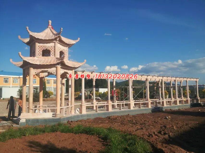 晚霞紅石涼亭，長(zhǎng)廊石雕