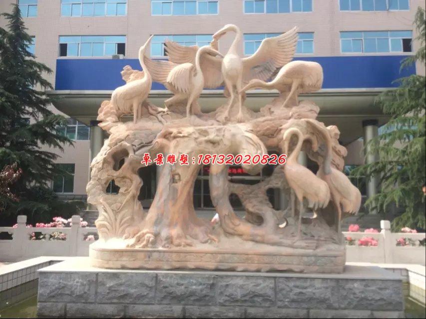 仙鶴石雕，晚霞紅丹頂鶴雕塑