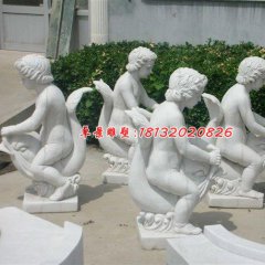 漢白玉人物雕塑，小孩騎魚石雕