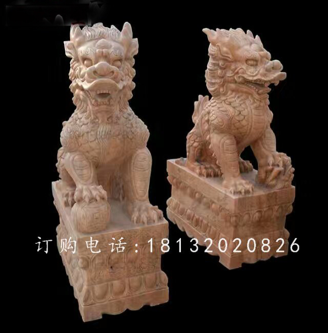 踩球麒麟石雕，晚霞紅麒麟雕塑 (2)