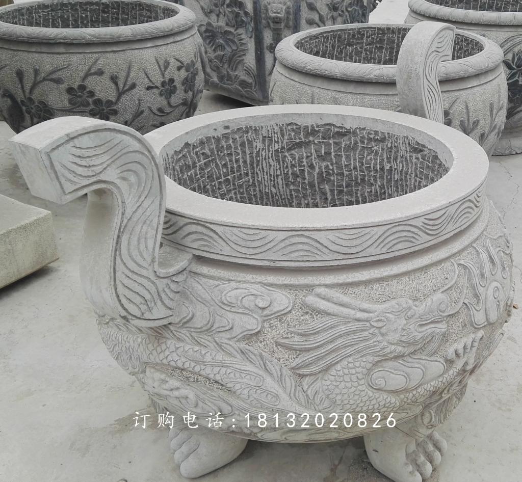 龍浮雕香爐，寺廟香爐石雕 (2)