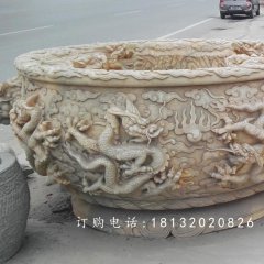 晚霞紅水缸石雕，龍浮雕水缸