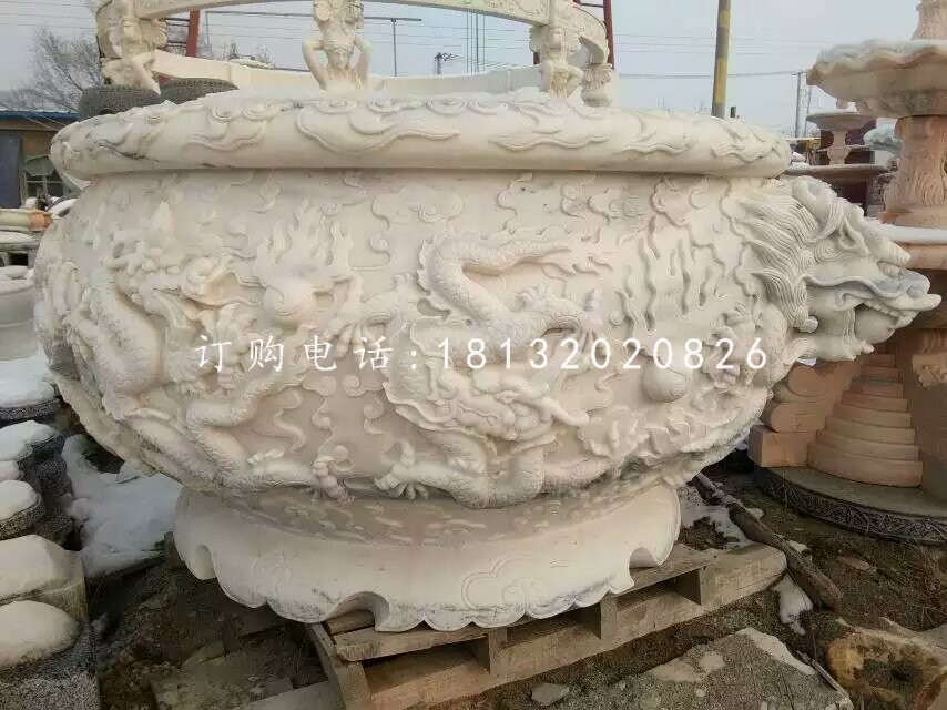 龍浮雕水缸雕塑，漢白玉石雕水缸