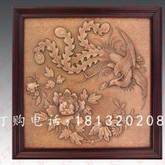 鳳凰牡丹壁畫(huà)圖，方形銅浮雕壁畫(huà)，鍛造浮雕壁畫(huà)