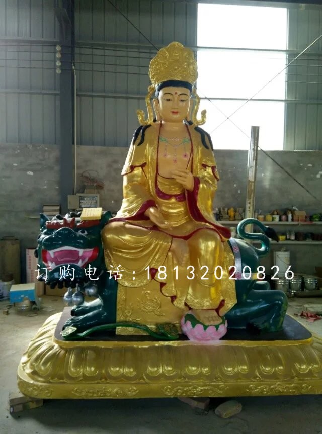 文殊菩薩雕塑，玻璃鋼貼金佛像雕塑