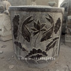 仿古青石水缸石雕，魚戲水中浮雕水缸雕塑