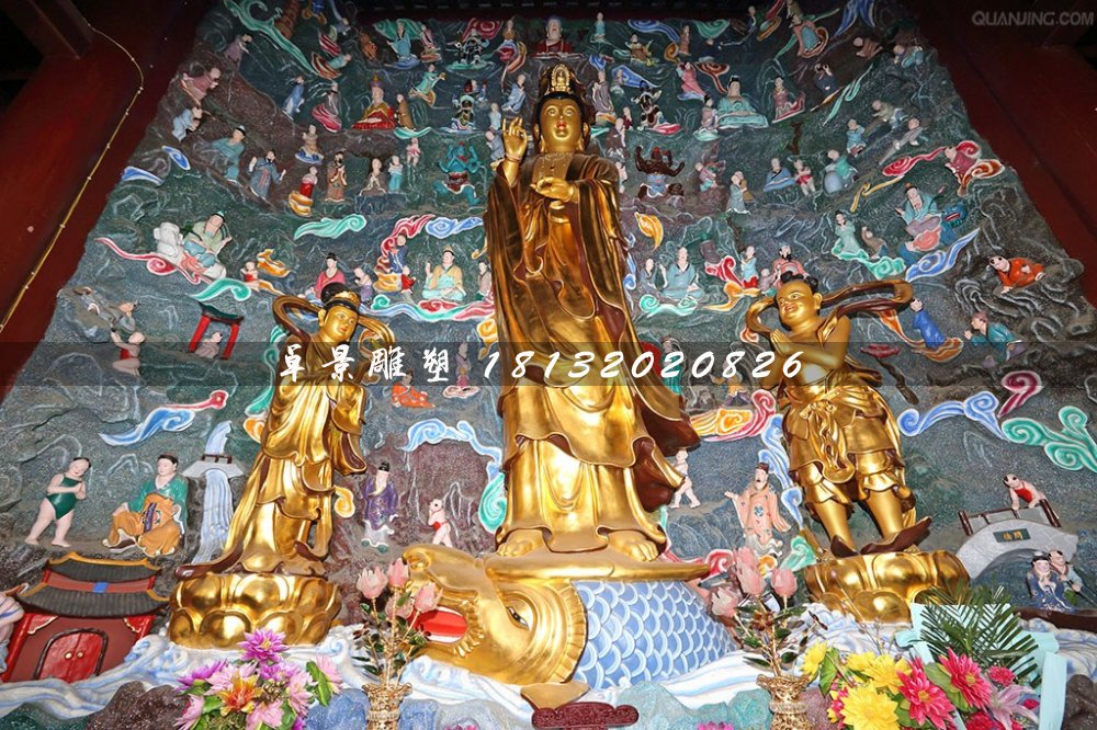 鎏金銅佛像，觀音與善財龍女銅雕