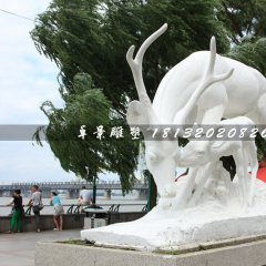 母子鹿石雕，漢白玉動物雕塑