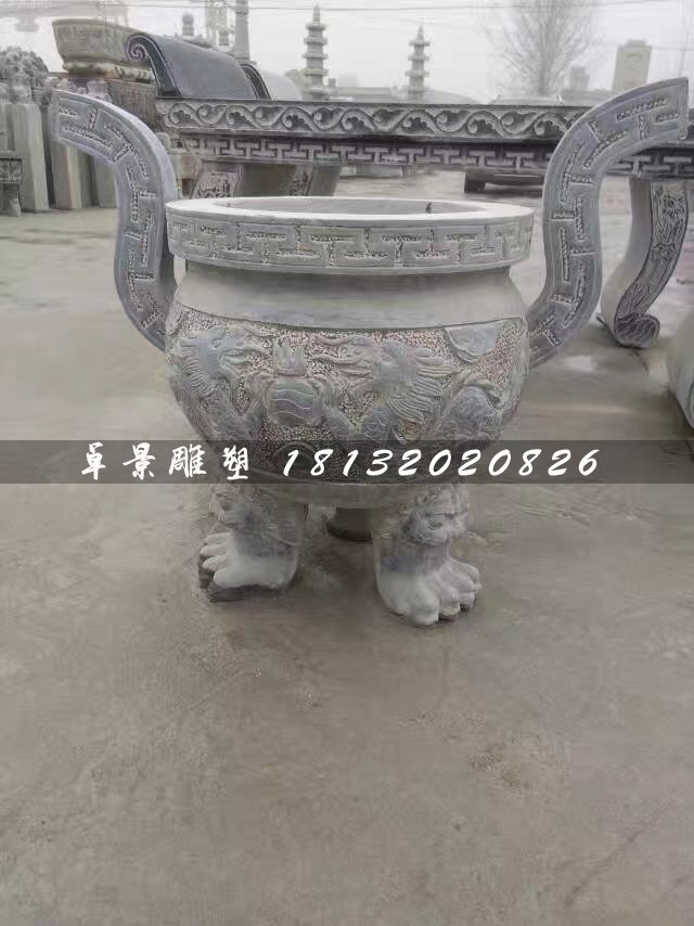 青石香爐，三足香爐石雕