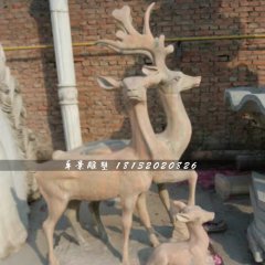三只鹿石雕，晚霞紅動物雕塑