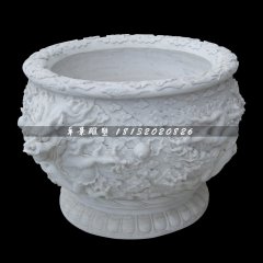 龍浮雕水缸，漢白玉水缸