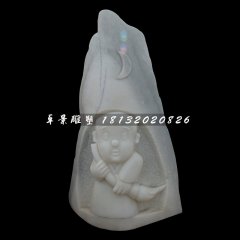 小和尚掃地石浮雕，寺廟石浮雕