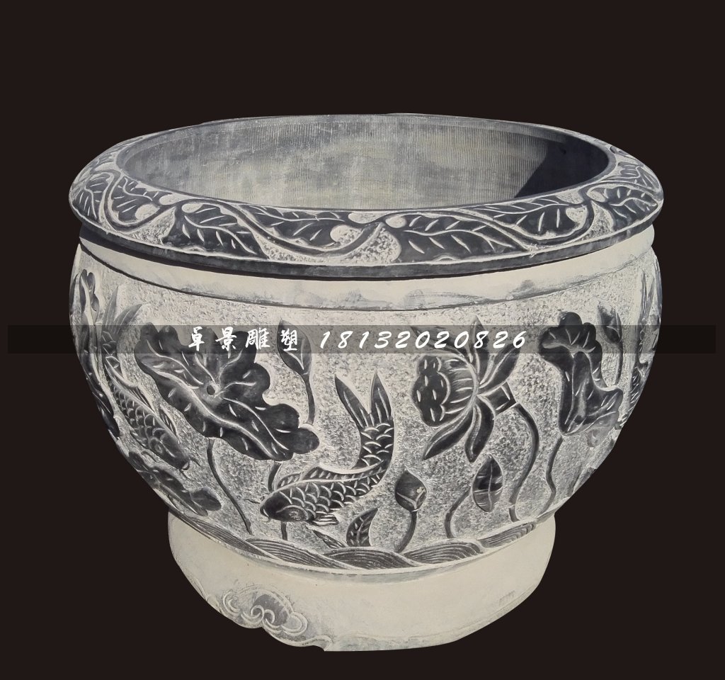 青石荷花魚水盆，仿古石水缸 (2)