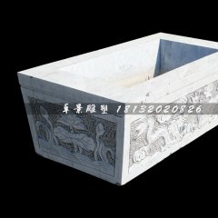 雙龍戲珠石浮雕水缸，方形水缸石雕