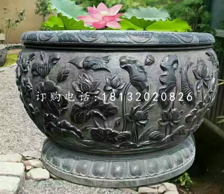 石水缸，荷花魚浮雕水缸