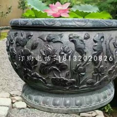 石水缸，荷花魚浮雕水缸