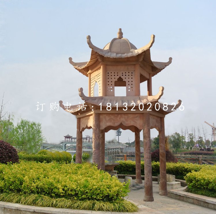 公園石亭子，晚霞紅雙層涼亭