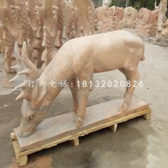 小鹿吃草石雕，晚霞紅動物雕塑
