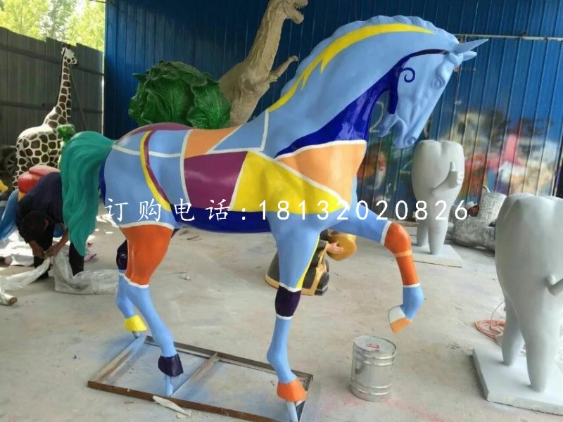 玻璃鋼彩繪馬雕塑，公園動(dòng)物雕塑 (1)