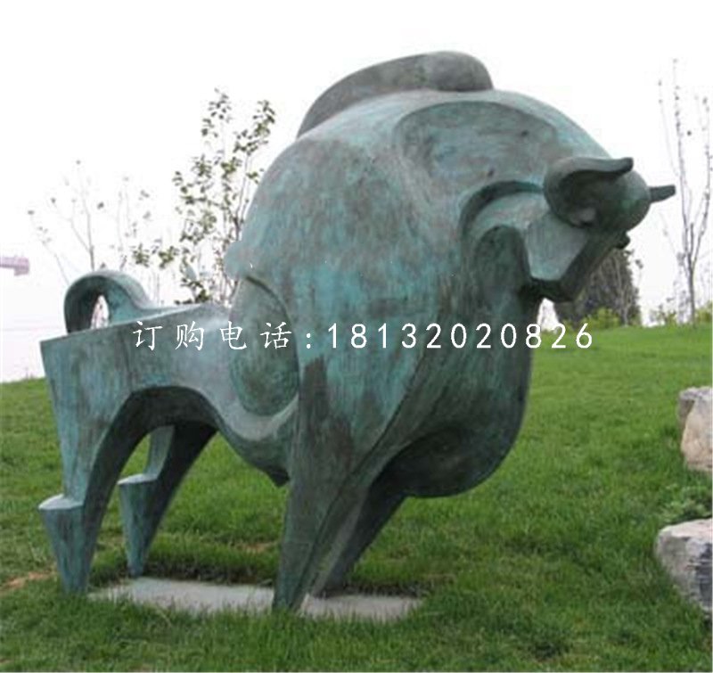 抽象牛雕塑，青銅開荒牛