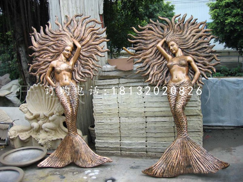 美人魚雕塑，玻璃鋼仿銅雕塑