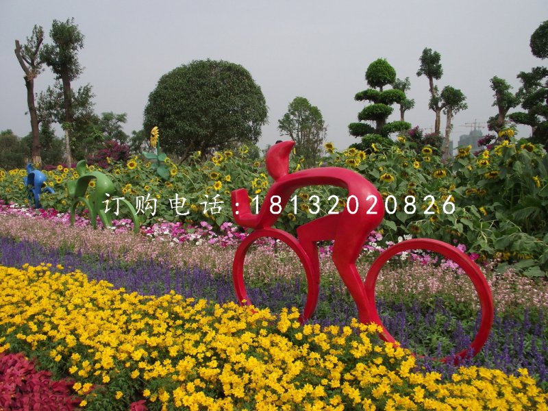 抽象人物騎車子雕塑，不銹鋼景觀雕塑
