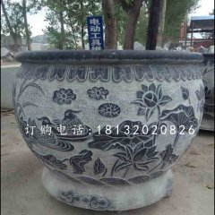 荷花石浮雕水盆，青石水缸