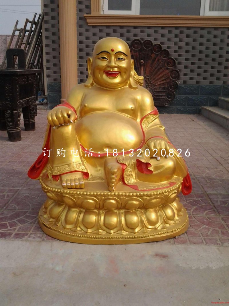 坐式彌勒佛雕塑，銅雕彩繪佛像