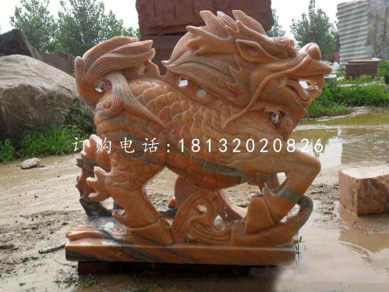 古代神獸石雕，晚霞紅麒麟雕塑 (1)