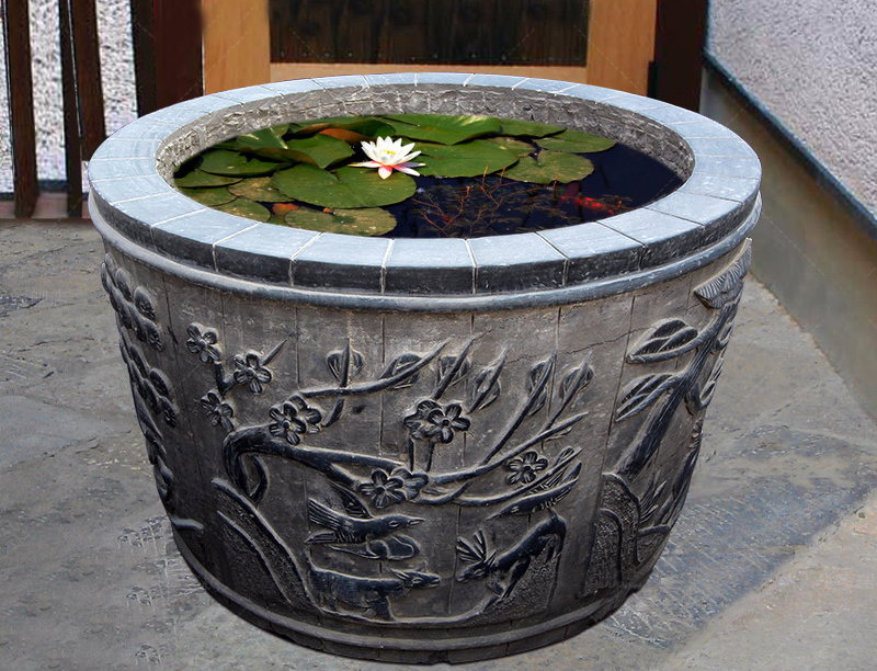 梅花喜鵲石浮雕魚缸，庭院擺件石雕