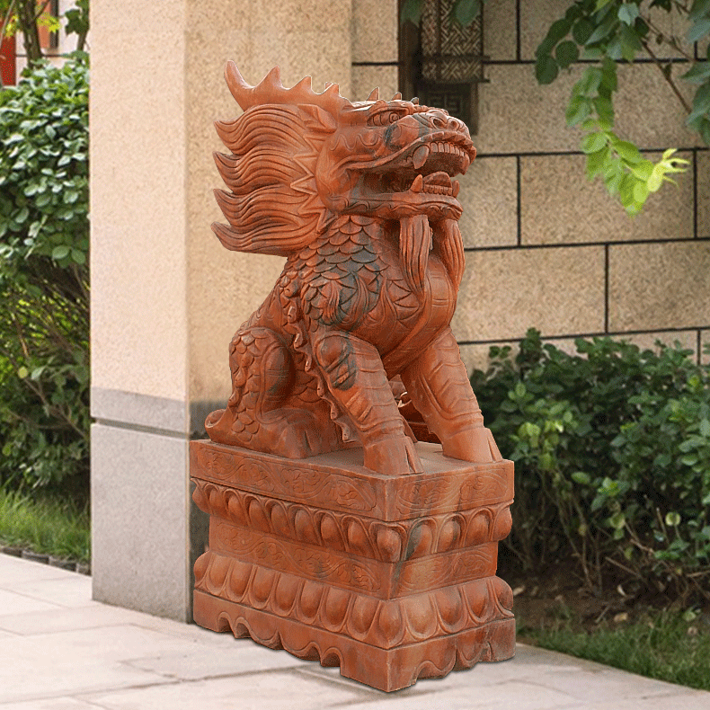 晚霞紅麒麟石雕，鎮(zhèn)宅石雕