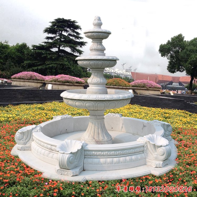漢白玉三層噴泉石雕，公園歐式噴泉石雕[1]