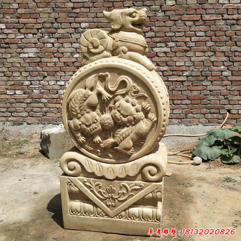 晚霞紅獅子抱鼓 石雕庭院景觀(guān)雕塑 (1)