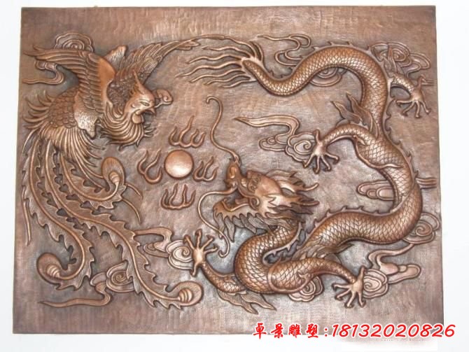 銅浮雕，龍鳳戲珠銅浮雕