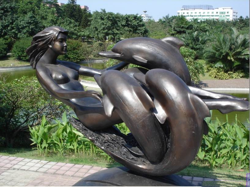 公園景觀銅雕，美女與海豚銅雕