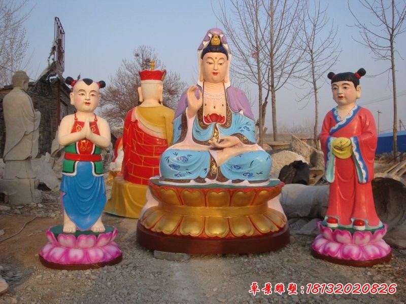 觀音菩薩與善財童子雕塑，玻璃鋼佛像雕塑