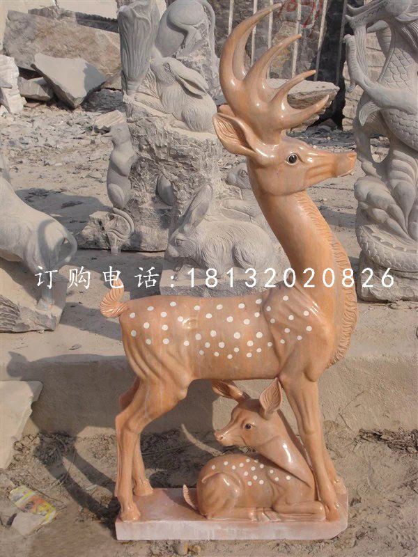 梅花鹿石雕，晚霞紅母子鹿石雕
