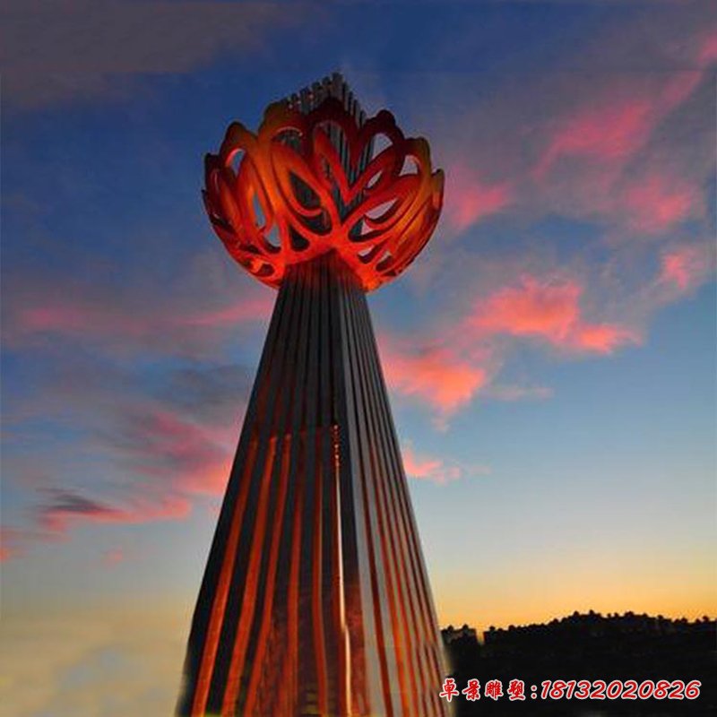 創(chuàng)意抽象紅色鏤空花朵公園景觀，不銹鋼雕塑 (2)